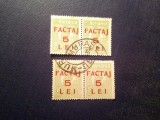 2 Perechi Timbre Uzuale Ferdinand 1928 supratipar Factaj 5 lei / 10 bani stampila Tg Mures, Stampilat
