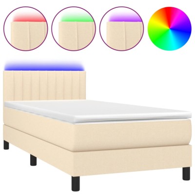 Pat cu arcuri, saltea si LED, crem, 80x200 cm, textil foto