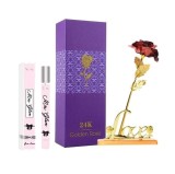 Cumpara ieftin Set apa de toaleta Sentio 35 ml, pentru dama, model aleatoriu si trandafir rosu cu suport si cutie cadou, suflat la baza cu auriu