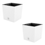 Set 2 ghivece de flori, Rato Low, imitatie ratan, patrate, 32x32x32.5 cm, alb, Prosperplast GartenVIP DiyLine