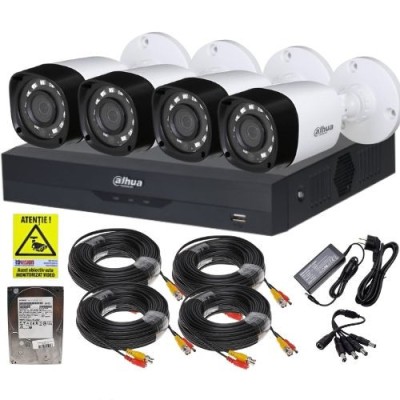 Kit supraveghere complet Dahua 4 camere 2MP IR 20m, DVR 4 canale 5MP WizSense, accesorii, HDD 500GB + Autocolant Rovision SafetyGuard Surveillance foto