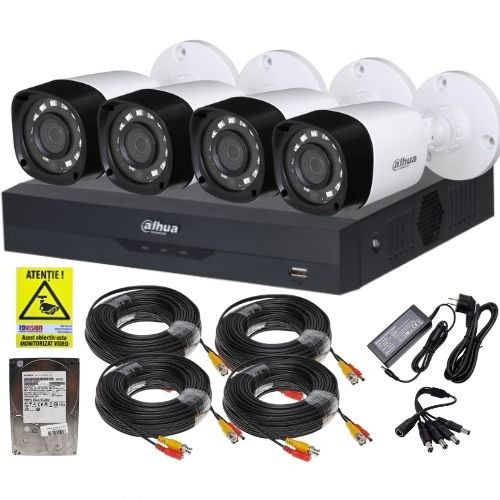 Kit supraveghere complet Dahua 4 camere 2MP IR 20m, DVR 4 canale 5MP WizSense, accesorii, HDD 500GB + Autocolant Rovision SafetyGuard Surveillance
