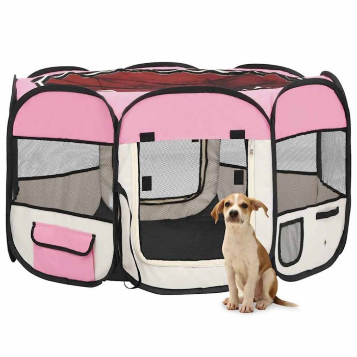 vidaXL Țarc joacă pliabil c&acirc;ini cu sac de transport roz 110x110x58 cm