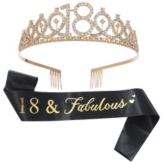 Set 2 Piese pentru Majorat, Cyrax, 15 x 13 x 5 cm, Coronita Printesa Gold si Panglica 18&amp;Fabulous, Negru