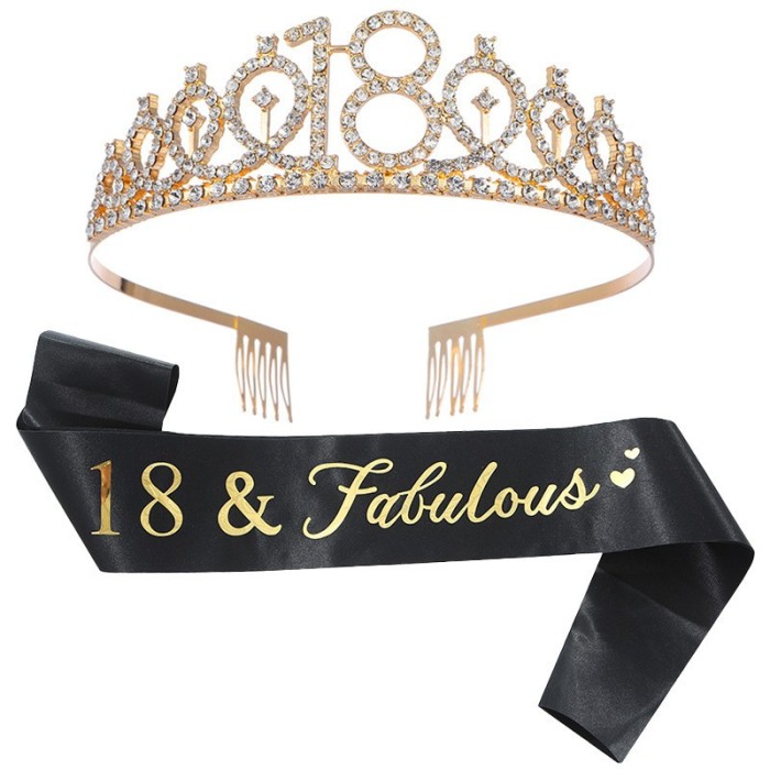 Set 2 Piese pentru Majorat, Cyrax, 15 x 13 x 5 cm, Coronita Printesa Gold si Panglica 18&amp;Fabulous, Negru