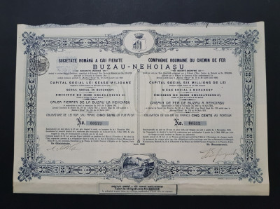 Actiune 1909 Soc. romana a caii ferate Buzau - Nehoiasu , actiuni , cai ferate foto