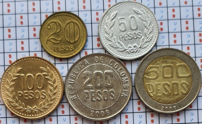 Set 5 monede Columbia 20, 50, 100, 200, 500 Peso 2004 - 2008 UNC - A024 foto