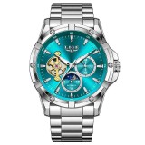 Ceas Barbati Lige 6825 Argintiu-Cyan , Ceas Mecanic, Design Business, Functii Multiple, Afisaj Luminos, Rezistent la Apa 3ATM