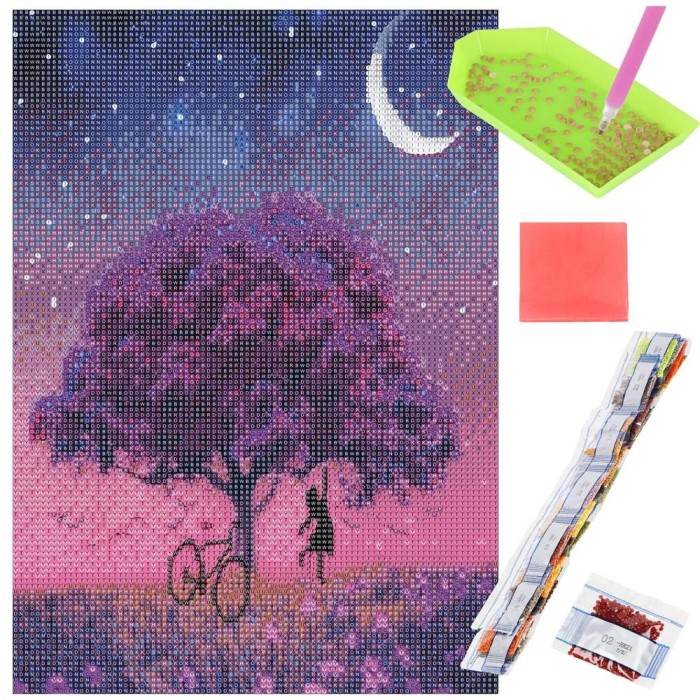 Set de broderie cu diamante 5D, 30x40cm, model Pom inflorit sub luna Household NewTrend
