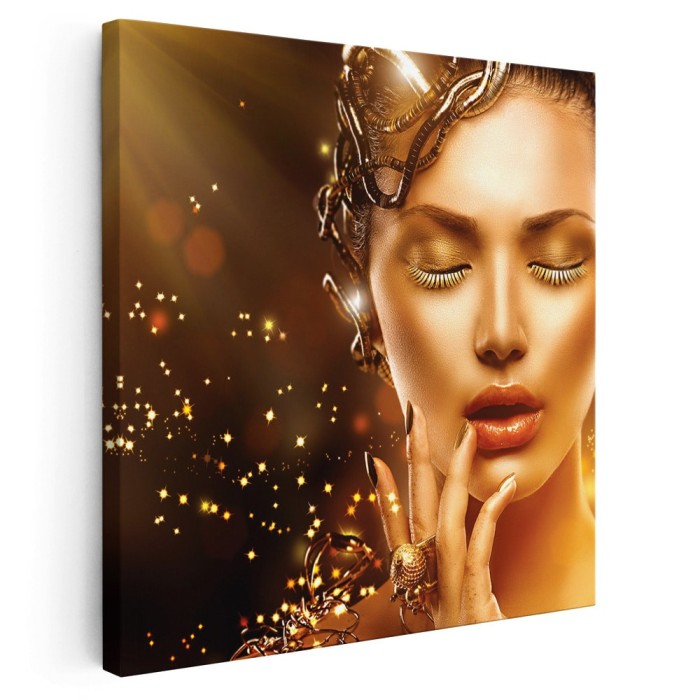 Tablou portret femeie machiaj auriu 2007 Tablou canvas pe panza CU RAMA 40x40 cm