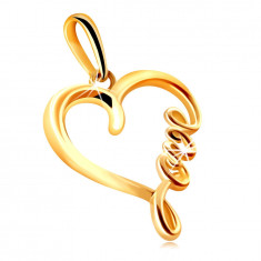Pandantiv din aur galben 375 - contur lucios &icirc;n formă de inimă cu scris &ldquo;Love&rdquo;