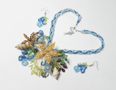 Set albastru bijuterii In Valurile Marii, cu scoici, stea de mare handmade unicat foto