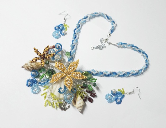 Set albastru bijuterii In Valurile Marii, cu scoici, stea de mare handmade unicat