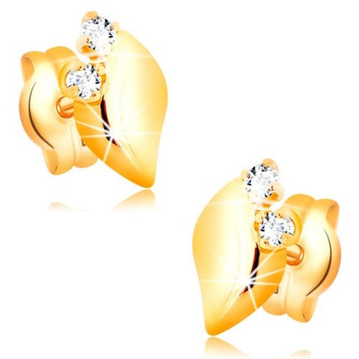 Cercei din aur galben 14K cu diamant - două diamante strălucitoare, frunză lucioasă foto