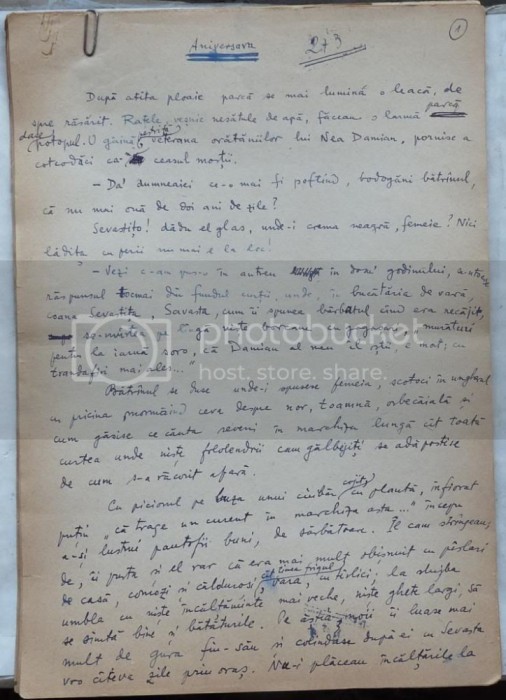 Aniversara; Povestire; Manuscris Romulus Vulpescu, 19 foi, semnat, 1987