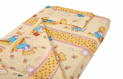 Lenjerie patut bebe, SomnART, cearceaf pat 60x120x10 cu elastic, cearceaf pilota 80x110, perna joasa 20x35, Honey foto