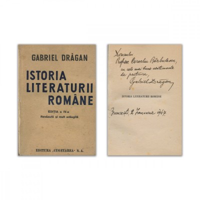 Gabriel Drăgan, Istoria Literaturii Rom&amp;acirc;ne, 1946, cu dedicație foto