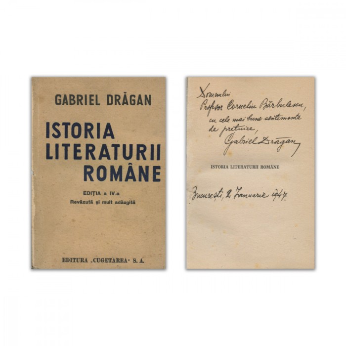 Gabriel Drăgan, Istoria Literaturii Rom&acirc;ne, 1946, cu dedicație