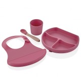 BabyJem Set Diversificare 4 Piese Silicon Roz: Bavetica, Farfurie, Lingurita, Pahar
