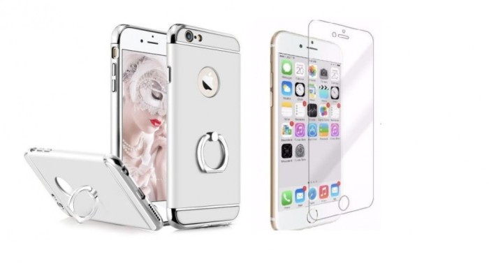 Pachet husa Apple iPhone 6/6S, MyStyle Elegance Luxury 3in1 Ring Silver, folie de sticla gratis