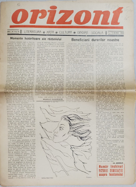 ORIZONT , ZIAR DE LITERATURA , ARTA , CULTURA , GANDIRE SOCIALA , ANUL I , NR. 14 si 15 , 1 si 15 IUNIE , 1945