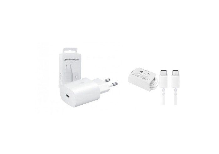 Incarcator retea Super Fast Charging cu cablu USB-C la USB-C pentru Samsung A54/A52/A52S/A53/A23/A33/A70/A80/S20/S20 FE/Note 20, USB C, 25W, Alb, Blis