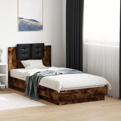 vidaXL Cadru de pat cu tăblie și lumini LED, stejar fumuriu, 90x190 cm 3210063 foto