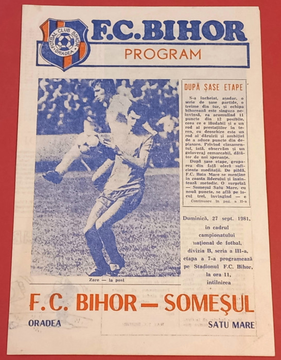 Program meci fotbal FC BIHOR ORADEA - &quot;SOMESUL&quot; SATU MARE (27.09.1981)