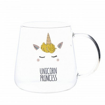 Cana din sticla cu capac din bambus Pufo Unicorn Princess, pentru cafea sau ceai, 350 ml, transparent foto