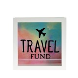 Pusculita decorativa Travel Fund cu rama alba si fundal multicolor