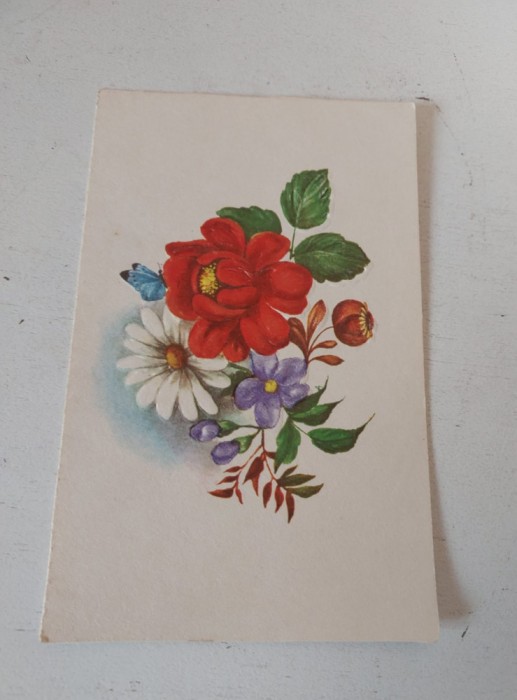 Felicitare veche anii 80 (1983) cu buchet de flori, print emboasat
