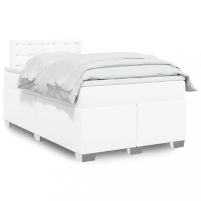 vidaXL Pat box spring cu saltea, alb, 120x200 cm, piele ecologică 3288417 foto