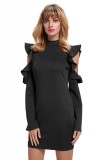 Rochie Neagra Scurta Conica Maneca Lunga Decupata Volanase Guler Inalt Cocktail Ocazie M/L
