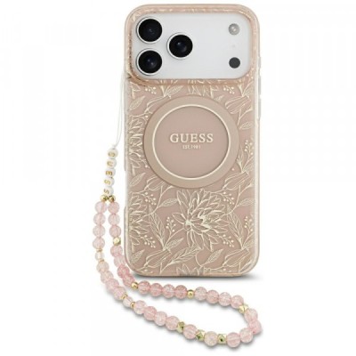 Husa MagSafe pentru Apple iPhone 17 Pro Max, Guess, IML Flowers Allover Electroplated with Pearl Strap, Roz foto
