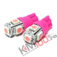 Set 2 becuri T10 cu 5 LED-uri SMD 12V (roz) foto