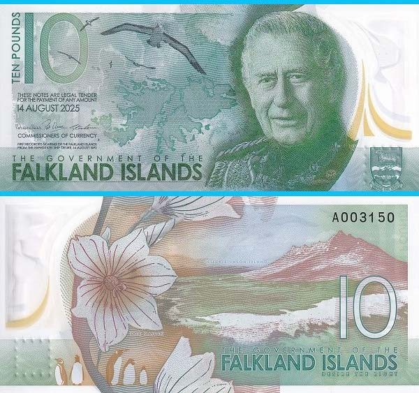 Insulele Falkland (p#NOU-21) 10 Pounds 2025 UNC &#039;Charles III&#039; serie: Puse &icirc;n circulație pe 14 August 2025