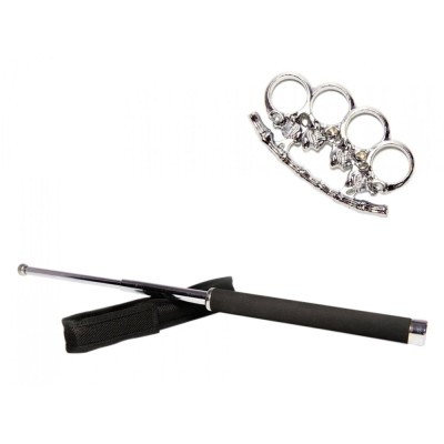 Set baston telescopic 65 cm argintiu + pumnal/box craniu argintiu foto