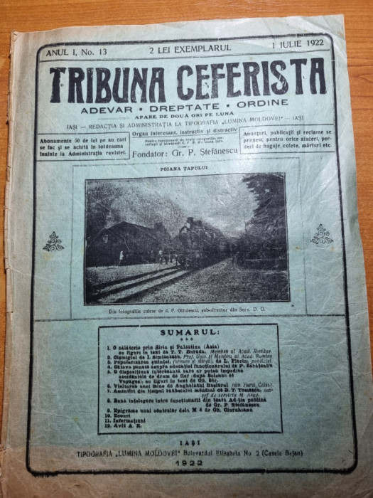 tribuna ceferista 1 iulie 1922-art. etnograful th. burada,gismegiu,razboiul,CFR