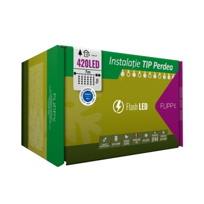 Instalatie craciun, tip perdea, ip44, 7 m x 1 m, 420 led-uri, albastru, cu flash, transformator, interconectabila, prelungitor 3 m inclus, fir transpa foto