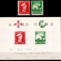 Japonia 1948, Mi #409-410 + Bl 24**, Crucea Rosie, fauna, pasari, MNH! 140 €!
