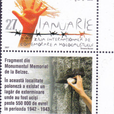 ROMANIA 2007-ZIUA INTERNATIONALA A HOLOCAUSTULUI, SERIE CU TABS, MNH - LP 1754a