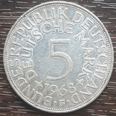 (A867) MONEDA DIN ARGINT GERMANIA - 5 MARK 1968, LIT F, 11,2 GRAME. PURITATE 625