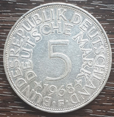 (A867) MONEDA DIN ARGINT GERMANIA - 5 MARK 1968, LIT F, 11,2 GRAME. PURITATE 625 foto