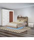 Dormitor Crem cu Pat Tapitat Catifea LED 160x200, Dulap 150cm si Noptiere. Somiera metalica inclusa (fara saltea)