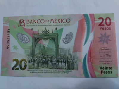 Mexic 20 Pesos Comemorativa 2021 Polimer Seria AE Semnatura 3 UNC foto