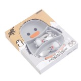 Set diversificare bebelusi flippy, din silicon, 23.5 x 12.5 cm, 1 farfurie compartimentata in forma de pinguin, lingurita si furculita, pai, perie pai