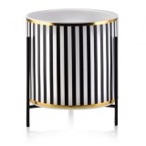 Cumpara ieftin Ghiveci ceramic pentru flori Luxury cu suport metalic, &Oslash; 12,5, Inaltime 12 cm, Alb cu Negru, Model cu Dungi Verticale