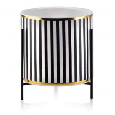 Ghiveci ceramic pentru flori Luxury cu suport metalic, &amp;Oslash; 12,5, Inaltime 12 cm, Alb cu Negru, Model cu Dungi Verticale foto