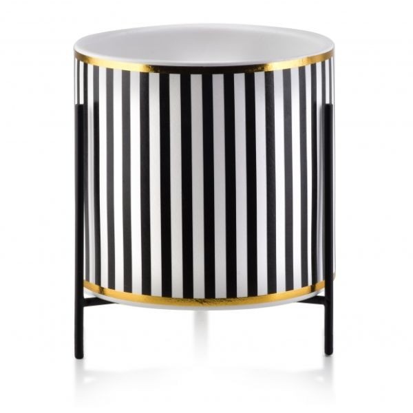 Ghiveci ceramic pentru flori Luxury cu suport metalic, &Oslash; 12,5, Inaltime 12 cm, Alb cu Negru, Model cu Dungi Verticale