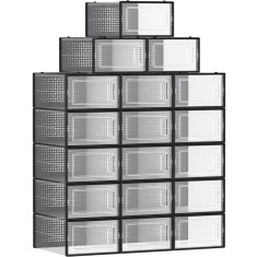 SONGMICS Cutii de pantofi, set de 18 organizatoare stivuibile, structura rezistenta ABS, 34x23x14cm, transparent si negru Household NewTrend foto
